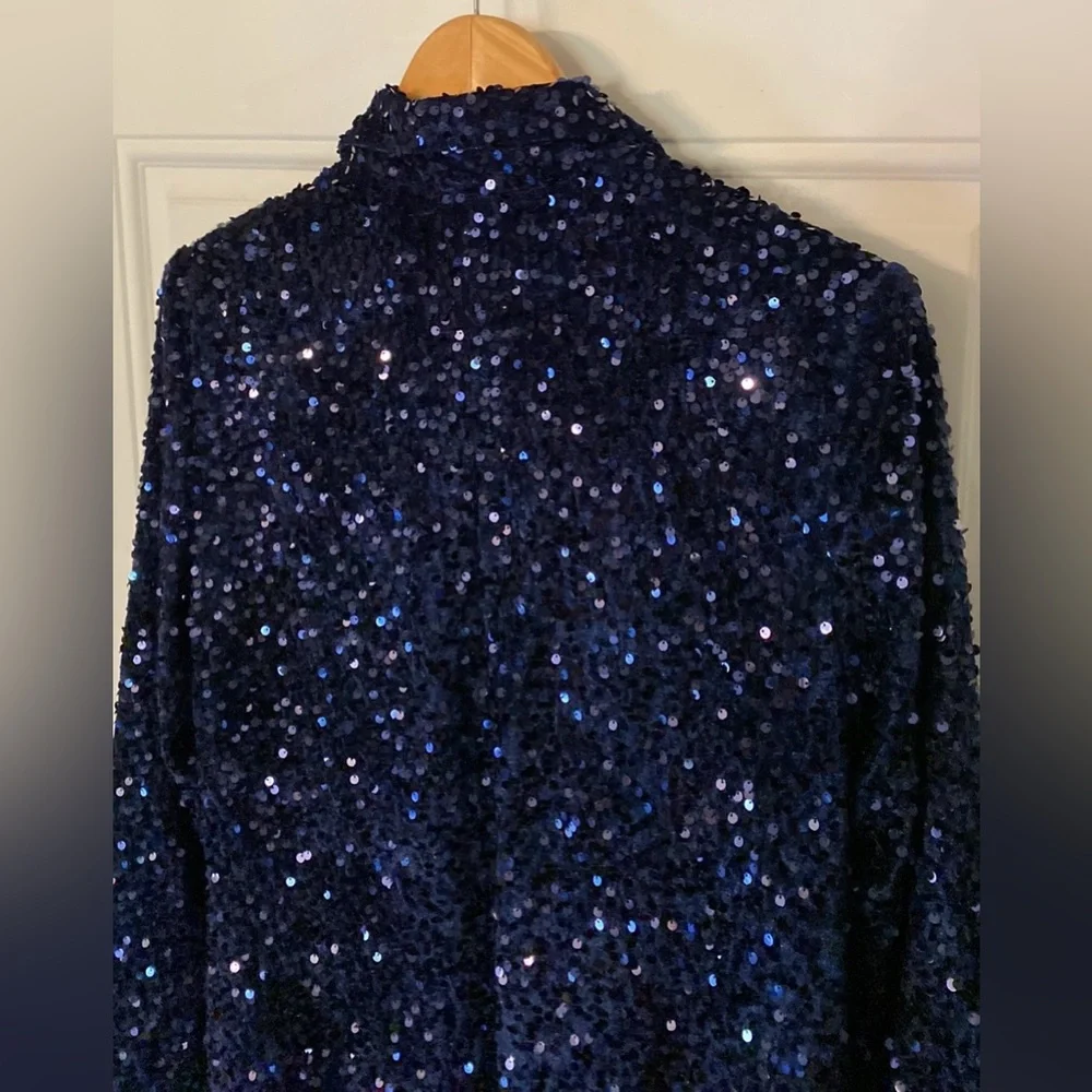 Nanette Lepore Girls’ Night Out Sapphire Blue Velvet Sequin Blazer Jacket - Picture 8 of 16